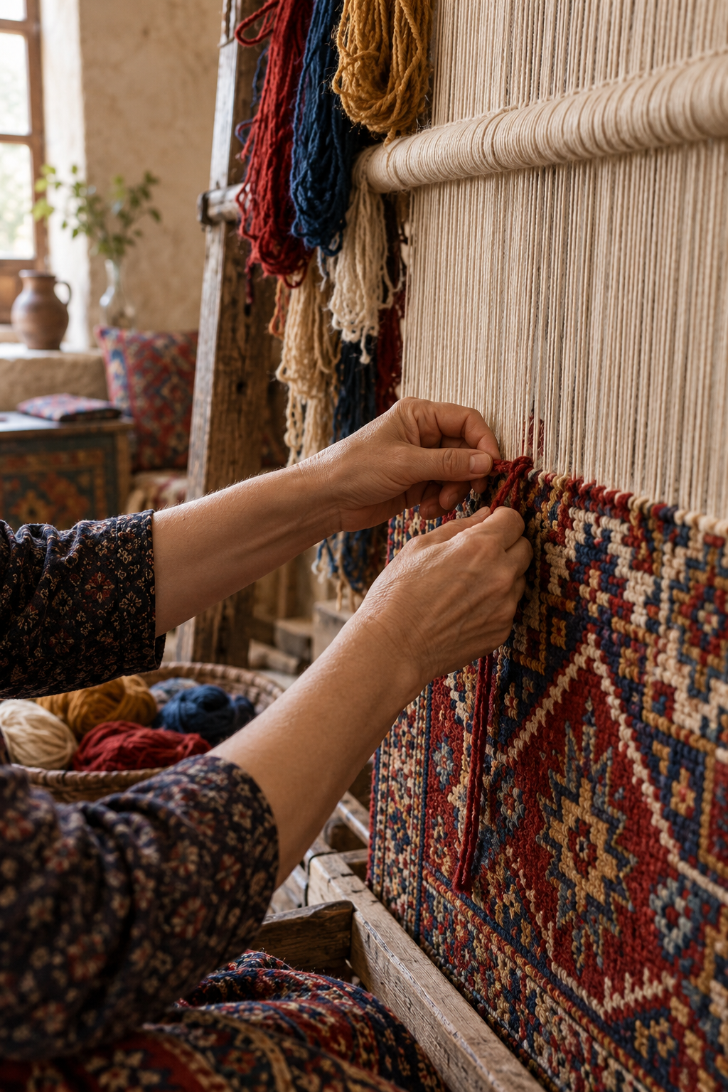 Hands tying wool knots on a traditional Turkish carpet loom